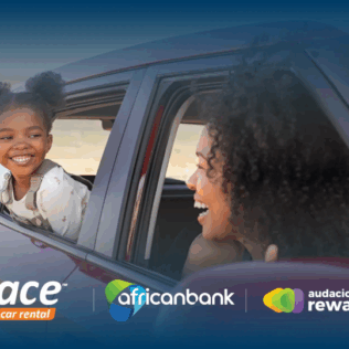A stock image of a happy family augmenting the car rental rewards with african bank title