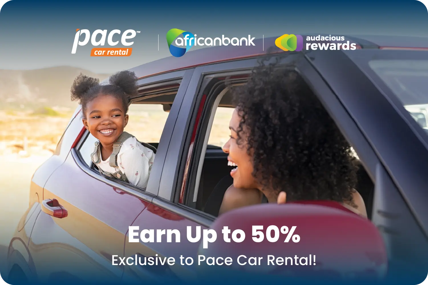 Earn up to 50% back in Audacious Rewards points when you rent a car from Pace Car Rental.