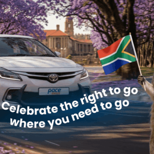 Pace Car Rental branded vehicle with title text and our Meerkat mascot holding a South African flag to augment article about affordable car rental in South Africa.